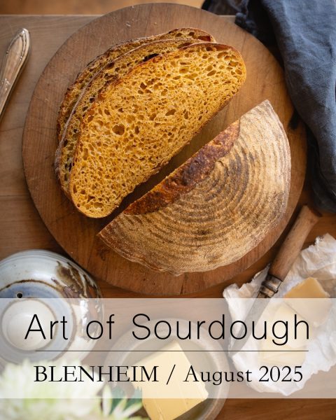 Flyer for Nicola Galloway's Art of Sourdough class in Blenheim in August. Includes image of sliced pumpkin sourdough loaf.